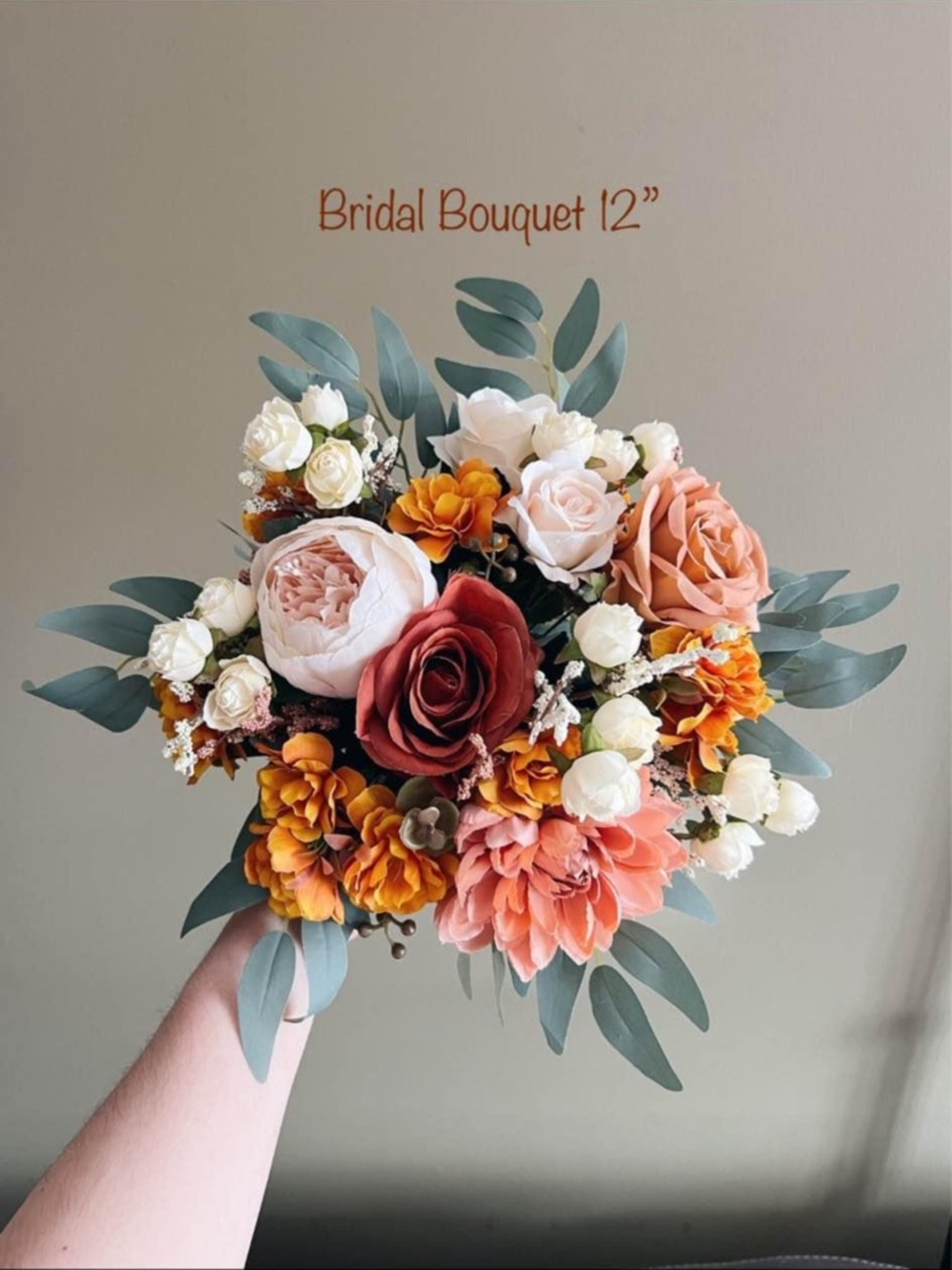 Bridal Bouquet 12" - Peach, Coral, Rust & Cream Floral Arrangement